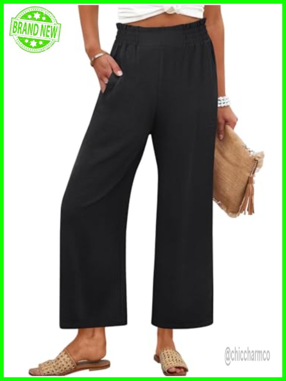 Wide Leg Cropped Palazzo Trousers High Rise Pull On Pockets Casual Work Pants